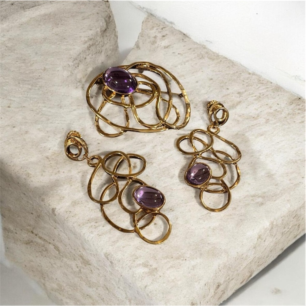 Vintage 90s Avon Faux Amethyst Gold Tone Brooch & Earrings Set Bold Statement